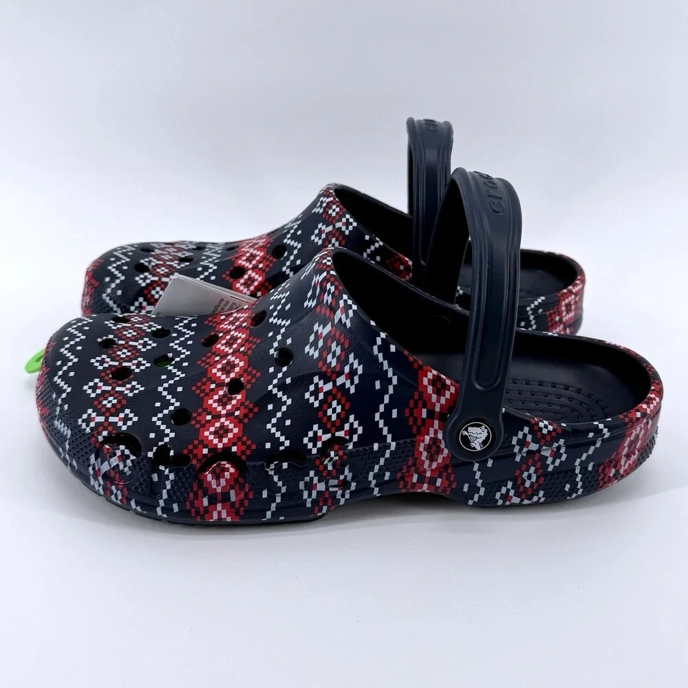 Crocs Baya Holiday Graphic Clog Mens Size 10 Navy Blue Fair‎ Isle Comfy Gift NWT